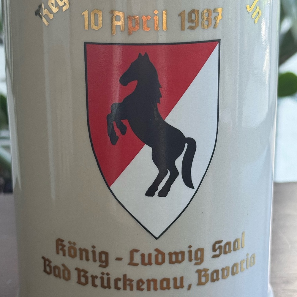Commemorative Ceramic Stein with Red & White Shield Horse Emblem